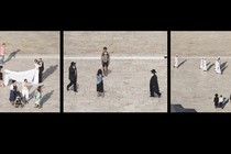 A triptych of a christian wedding, Jewish men and tourist, and Muslim men and Jewish men.