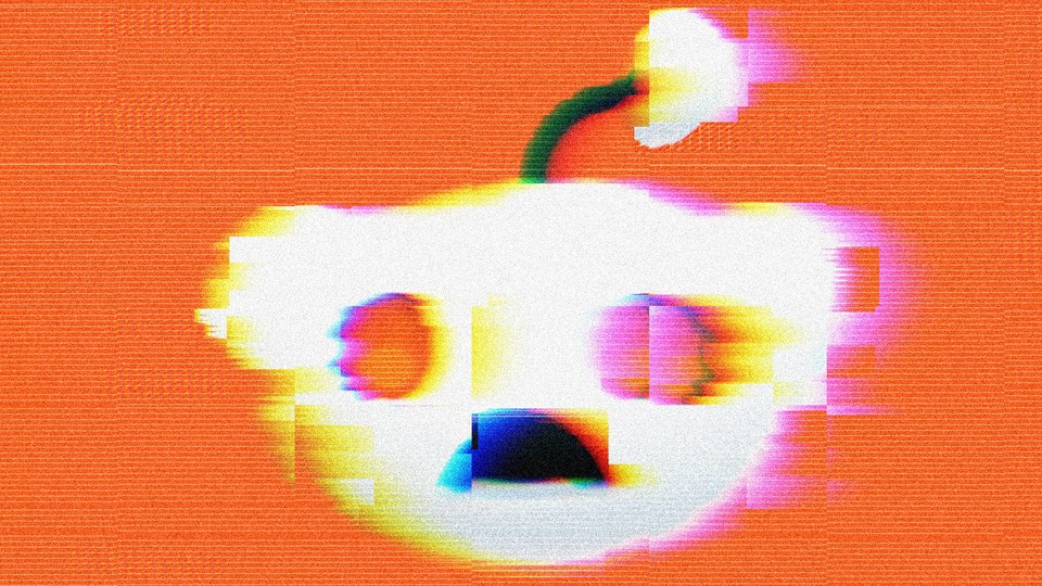 A blurry, distorted, pixellated image of the Reddit robot's head against an orange background