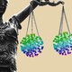 An illustration of Lady Justice holding a balancing scale of two viruses.