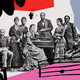 illustration with archival black-and-white photo of 3 men and 5 women in formal 19th-century clothing gathered around a piano, with hand-drawn musical symbols and illustrated blocks of red, gray, pink