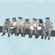 illustration of workers sitting on skyscraper beam, with 8 men and women in college graduation caps, workwear, and gloves