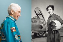 A recent photo of Wally Funk in a flightsuit (left), a photo of young Funk, standing near an Air Force plane