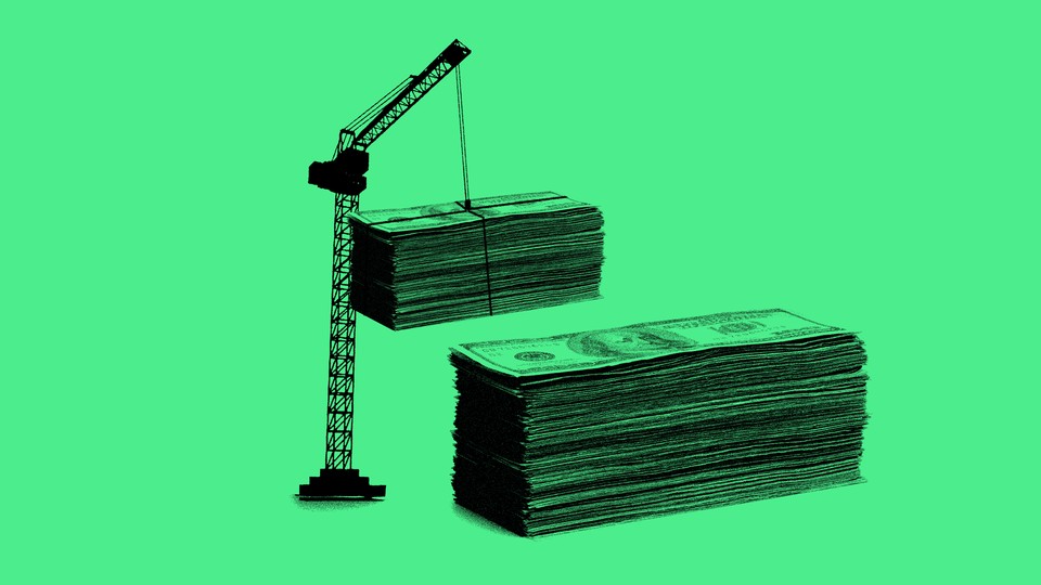 Illustration of a crane lifting stacks of money.