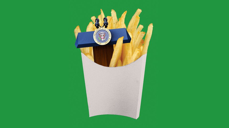 A presidential podium nestled in a carton of french fries.