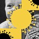 A baby and a toddler against a background of yellow-and-black COVID virus particles