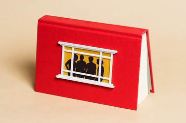 An illustration of a book with a house's window on the cover that allows viewers to see silhouettes of people gathered inside, talking.