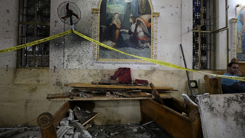 The aftermath of an explosion that took place at a Coptic church on Sunday in Tanta, Egypt