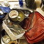 A pile of dirty dishes in a sink