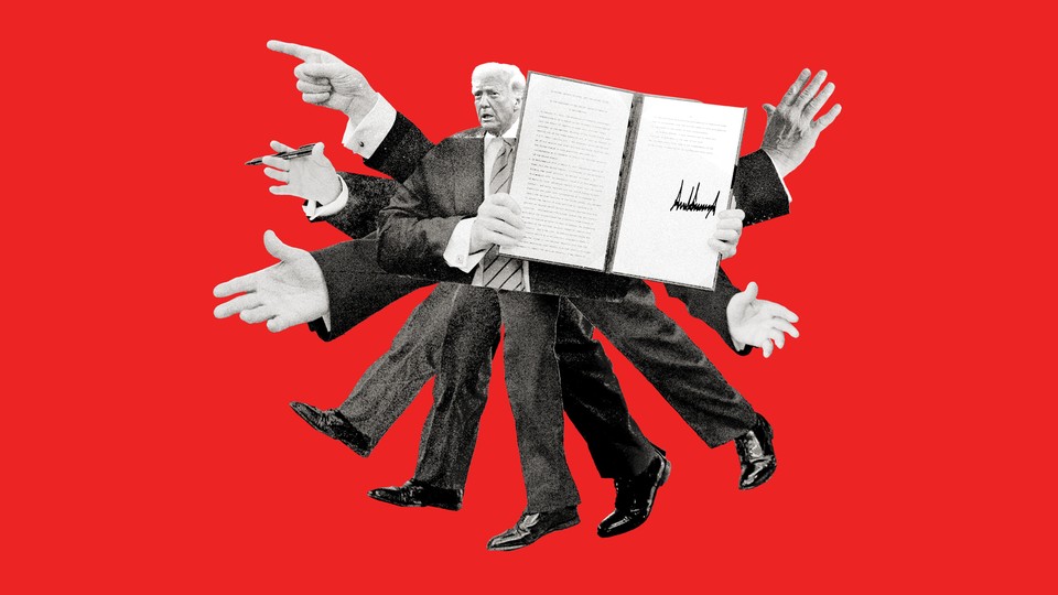 An illustration of Trump holding an executive order, with multiple arms and legs coming from his body