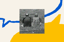 The outline of a blue speech bubble fills the top half of the screen. A yellow, filled-in speech bubble is on the bottom of the screen. In the middle is a black-and-white photo of two middle aged men of medium build who are sitting beside each other in a bit grassy field with their backs to the camera, looking out towards more field.