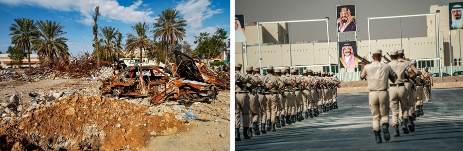 2 photos: twisted wreckage of car sits next to crater and rubble with palms in background; seen from behind, dozens of tan-uniformed soldiers march toward large buiilding with royal portraits on the side.  