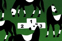 Illustration of horses wandering around a field near an empty podium