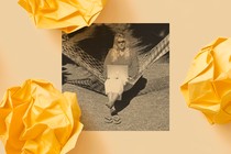 A black-and-white photo of a woman holding a laptop and sitting in a hammock outside is surrounded by three pieces of crumpled yellow paper