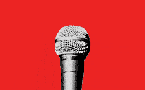 A GIF of sound waves radiating from a black-and-white microphone on a bright-red background.