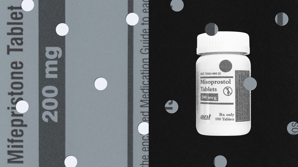 Black-and-white collage of packaging for mifepristone and misoprostol tablets, with holes punched out