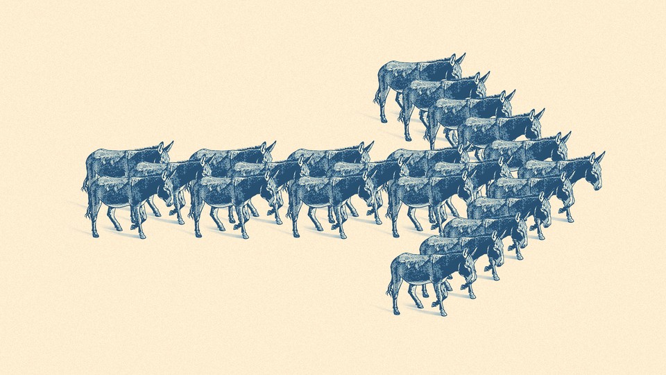 Blue donkeys assembled in an arrow shape, on a beige background