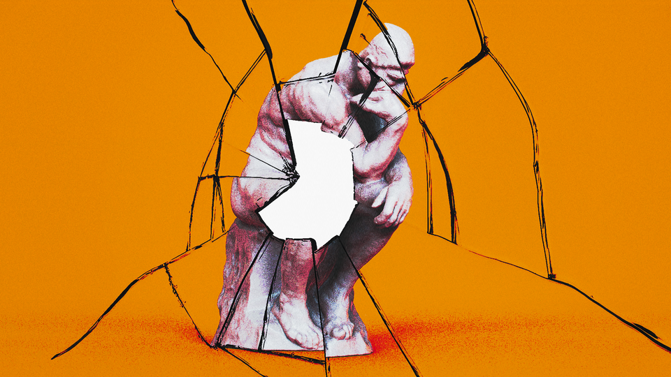 An illustration of Auguste Rodin's The Thinker sculpture, which appears cracked