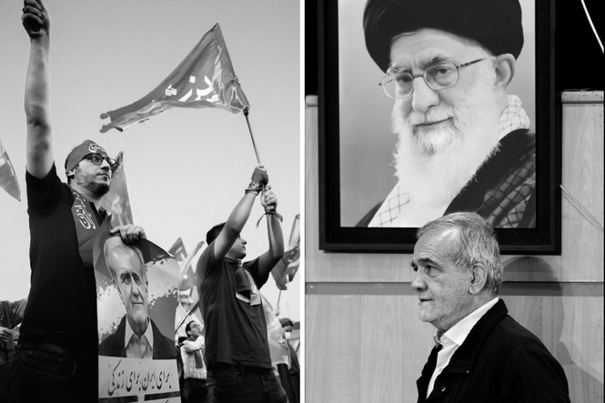 Supporters of Masoud Pezeshkian attend a rally in Tehran, Iran, on July 3, 2024. Right: Pezeshkian walks under a portrait of Supreme Leader Ayatollah Ali Khamenei, while attending to speak to the media on June 1, 2024.