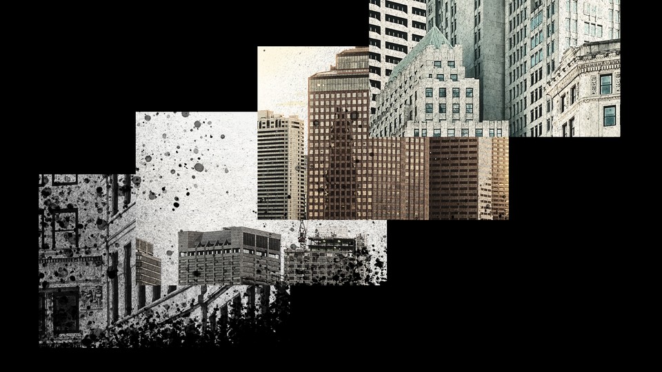 A collage of city buildings
