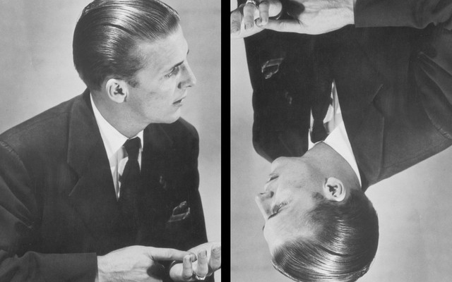 A vintage photo illustration showing a man in a suit facing off against an upside-down version of himself