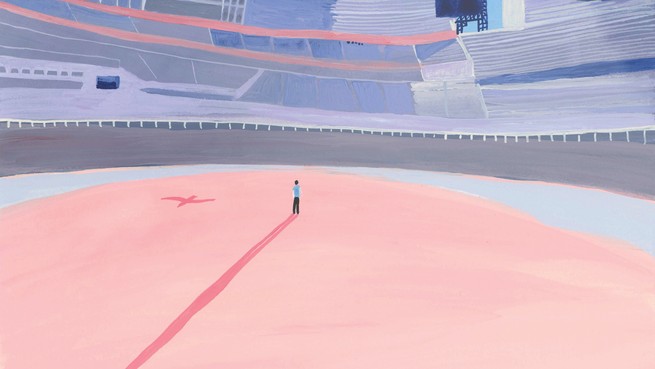 illustration of person standing alone and casting long shadow on pastel-pink baseball field in huge empty stadium