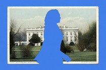 A silhouette of Kamala Harris superimposed over a White House postcard