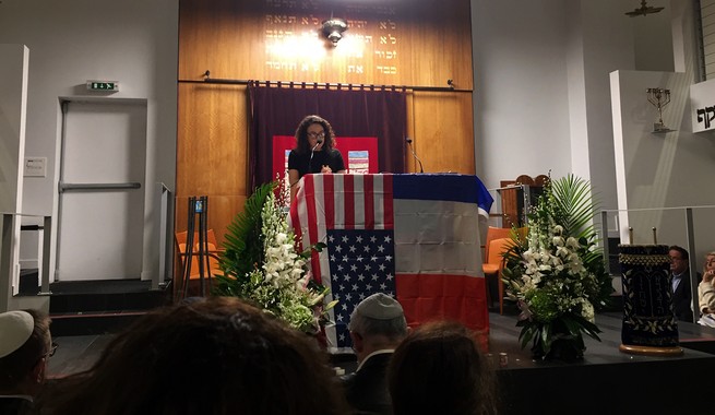 Rabbi Delphine Horvilleur addresses a memorial in Paris to the victims of the Pittsburgh synagogue killings.