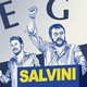 An illustration of Matteo Salvini and Luca Tocallini standing behind a lectern and in front of their party's flag.