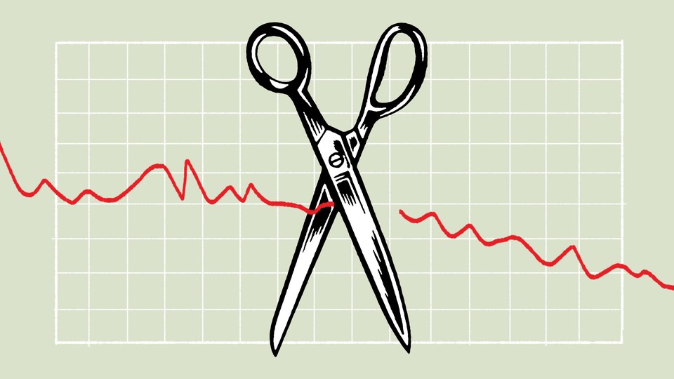 Clip art scissors cut through a red line graph