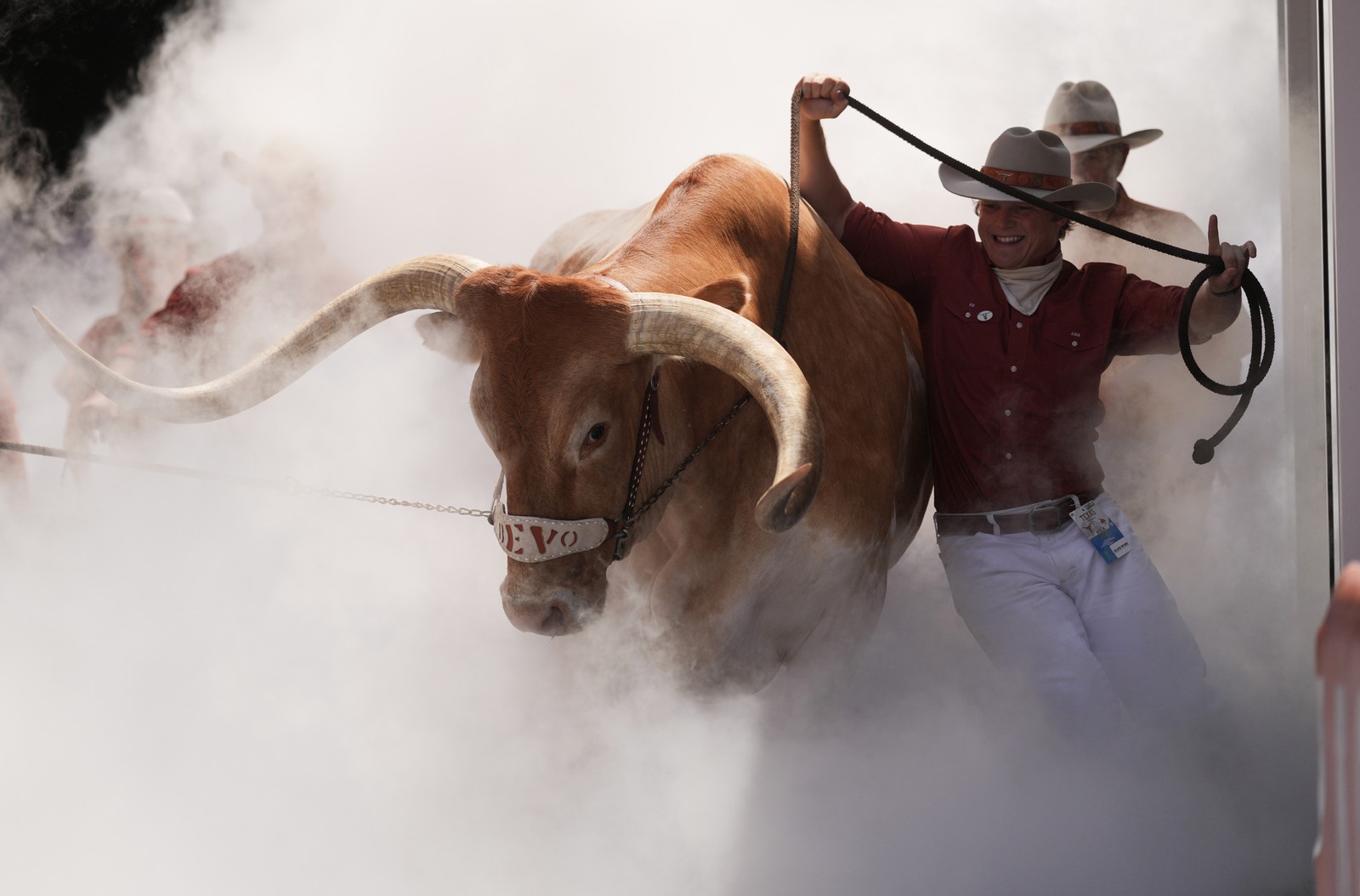 Handlers escort a longhorn mascot onto a football field through a cloud of smoke.