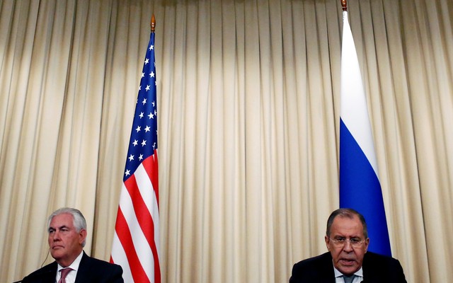 Russian Foreign Minister Sergei Lavrov and U.S. Secretary of State Rex Tillerson attend a news conference on April 12, 2017.