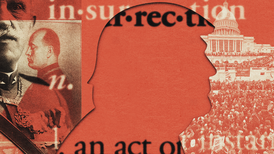 An illustration featuring a definition of the word "insurrection" and a profile of Donald Trump