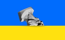 A photo illustration of a marble bust buried in the yellow stripe of the Ukrainian flag