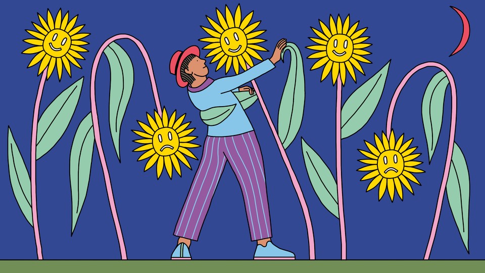 A man dances with a smiling sunflower; around him are both smiling and frowning flowers.