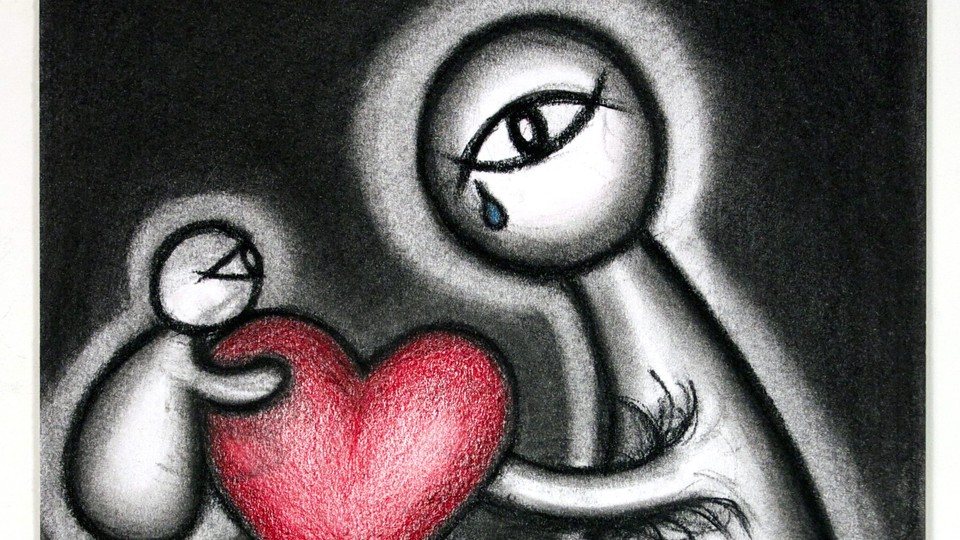 A mother figure with one crying eye holds out a heart to a child figure