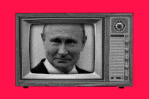 A television, which is broadcasting Russian President Vladimir Putin's face, being turned off