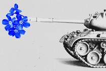 blue flowers in the barrel of an army tank