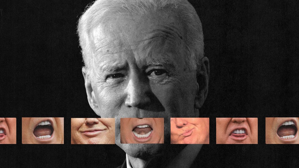 A photo illustration of images of Trump's mouth superimposed over Biden's face