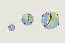 An illustration of a baseball that looks like planet Earth moving left to right in an arch
