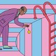 An illustration of a man dropping a ball with a smiley face on it into a pit.