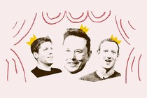 A collage of Sam Altman, Elon Musk, and Mark Zuckerberg with crowns on their head, and a sketched theater curtain