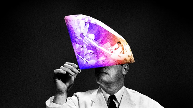 A photo-illustration of a man holding up a giant diamond