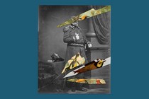 A black-and-white photo of a historical figure, crisscrossed with colorful pictures of birds