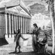 An allegorical scene with figures standing and sitting, one of whom is writing in an open book, while another holds the Constitution in front of a temple labeled "Sacred to Liberty Justice and Peace," with 13 columns.
