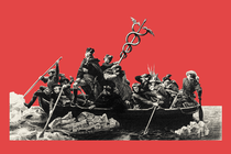 The famous image of George Washington crossing the Delaware, but instead of a flag, the boat bears a caduceus