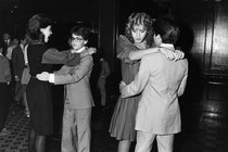black-and-white photo of teenagers dancing