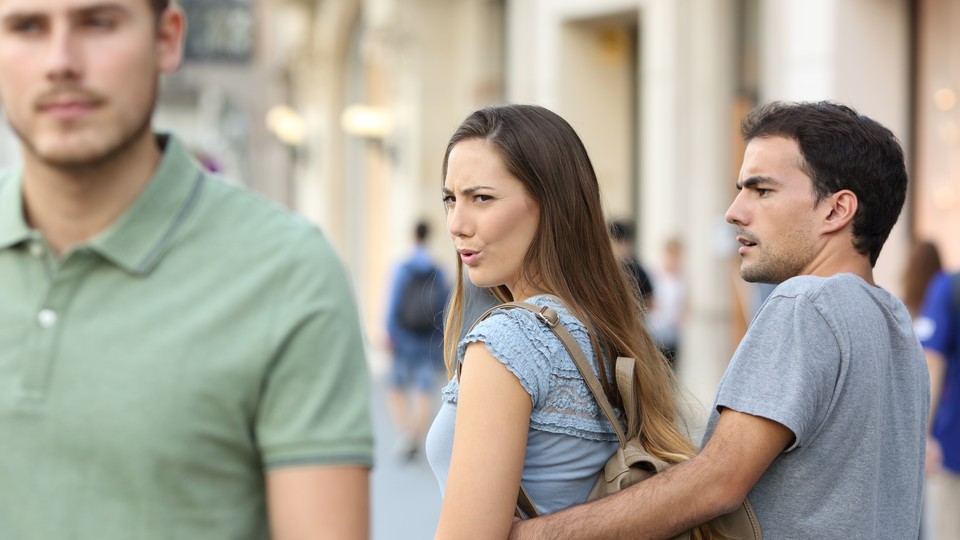 The "distracted boyfriend" meme gets reversed.