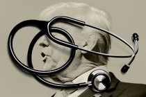 Trump with a stethoscope over his face