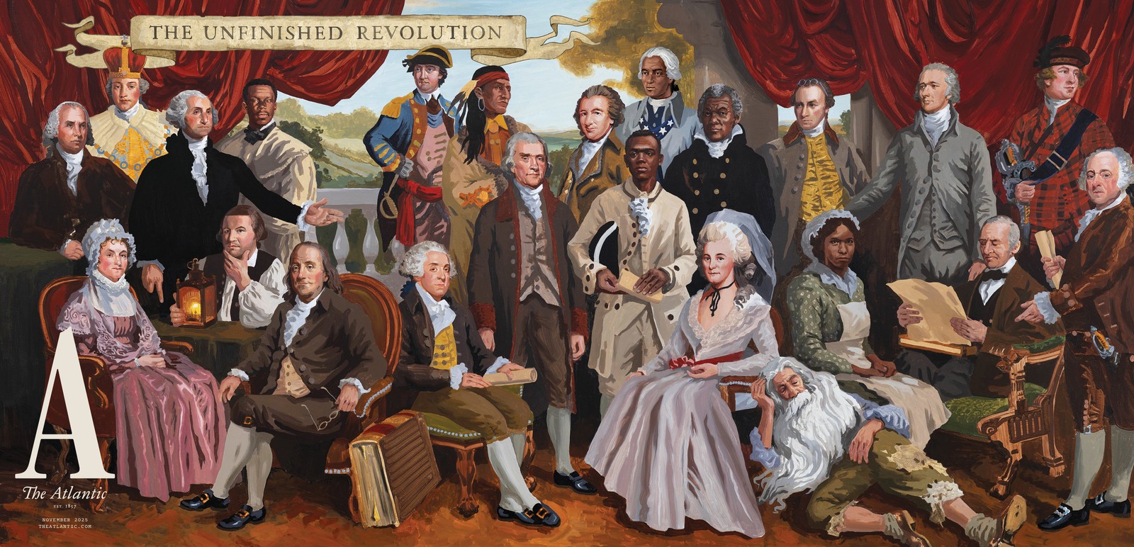 La portada de tres páginas del número de noviembre de 2025 es una pintura de un cuadro de figuras de la primera sociedad estadounidense, tanto de pie como sentadas, con pesadas cortinas rojas y una escena pastoral detrás.