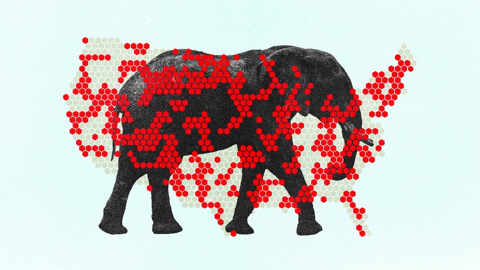 Image of map of U.S. with red dots and elephant
